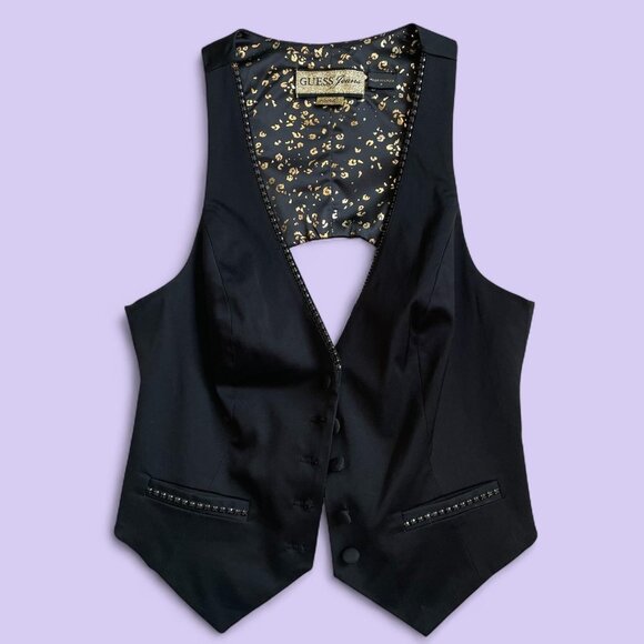 Vintage Y2K Guess Jeans Black Beaded Vest Medium Leopard Lining Adjustable - Picture 1 of 7
